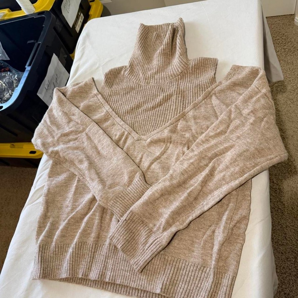 Tan Open Shoulder Turtleneck V-Neck Ribbed Knit Sweater XL